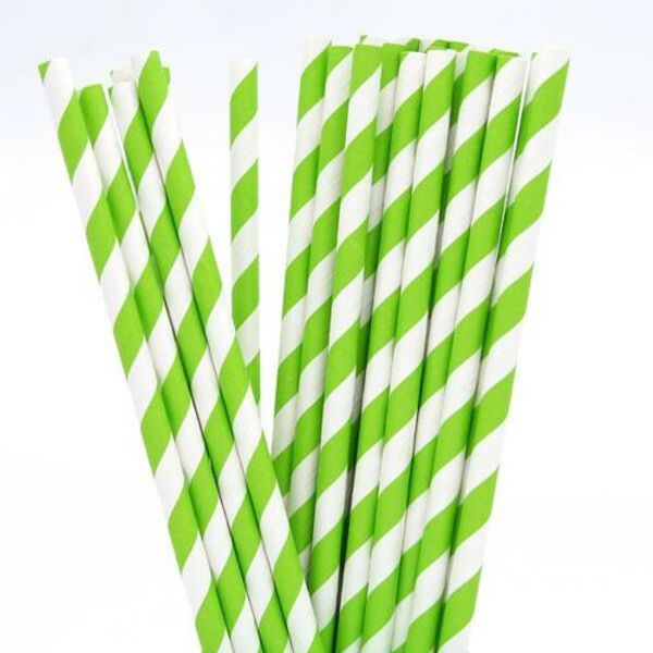 Lime Green and White Striped Paper Straws 8" (20cm) 6mm Bore