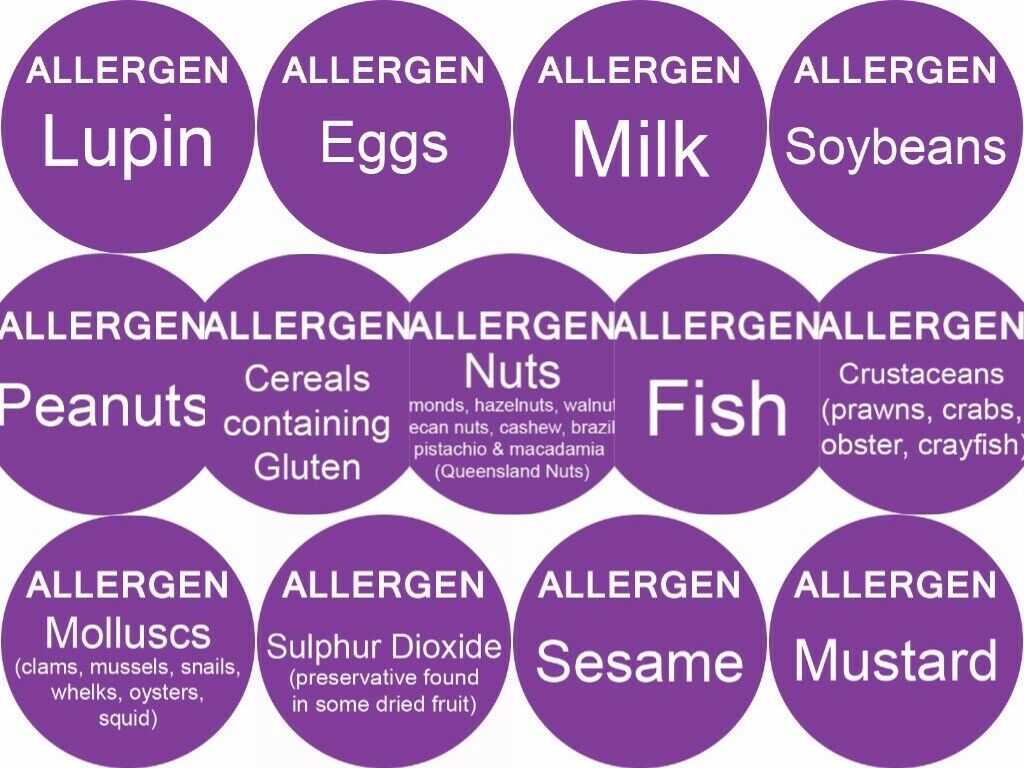 25mm Round Purple Allergen Labels  - Various Warnings In 1000 Sticker Rolls