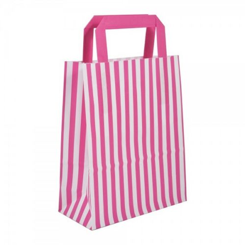 Small Pink Striped Flat Handled Paper Bags