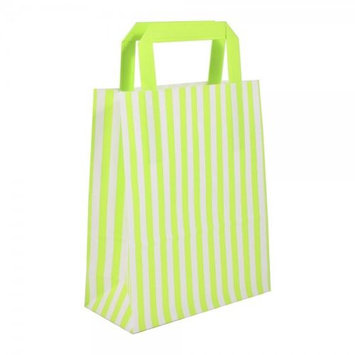 Small Green Striped Flat Handled Paper Bags