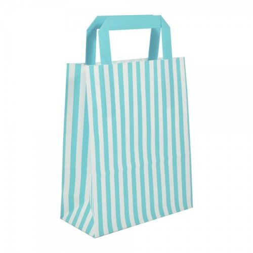 Small Aqua Blue Striped Flat Handled Paper Bags