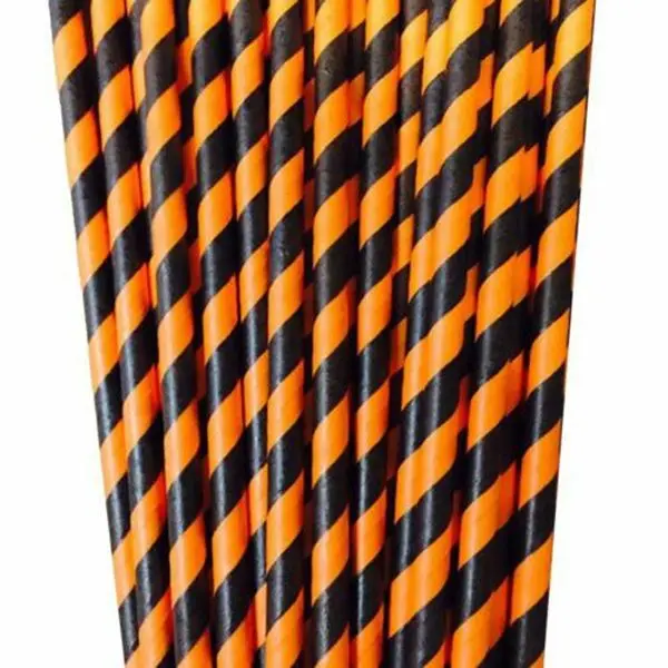 Black and Orange Striped Paper Straws 8" (20cm) 6mm Bore 2 Black and Orange Striped Paper Straws 8" (20cm) 6mm Bore - Image 2