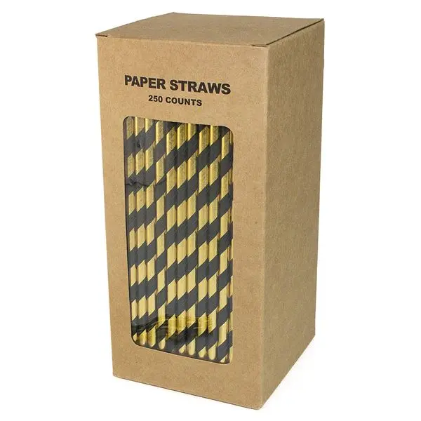 Gold and Black Striped Paper Straws 8" (20cm) 6mm Bore 2 Gold and Black Striped Paper Straws 8" (20cm) 6mm Bore - Image 2