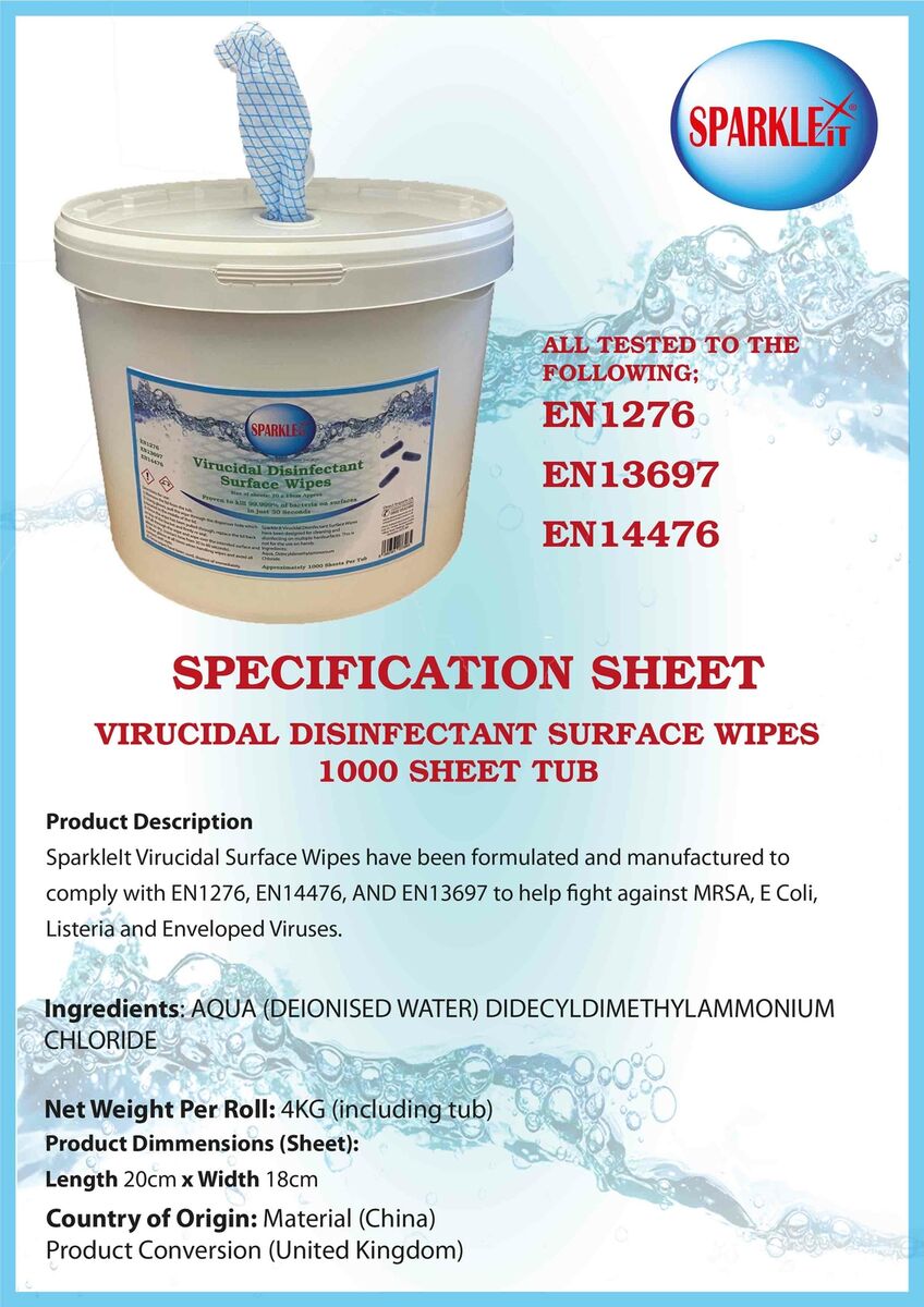 Tub of 1000 Virucidal Disinfectant Surface Wipes 2 Tub of 1000 Virucidal Disinfectant Surface Wipes - Image 2