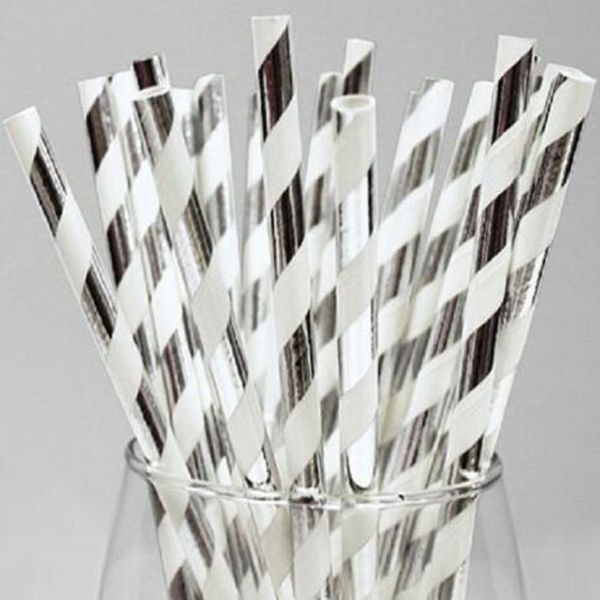 Silver and White Striped Paper Straws 8" (20cm) 6mm Bore 2 Silver and White Striped Paper Straws 8" (20cm) 6mm Bore - Image 2