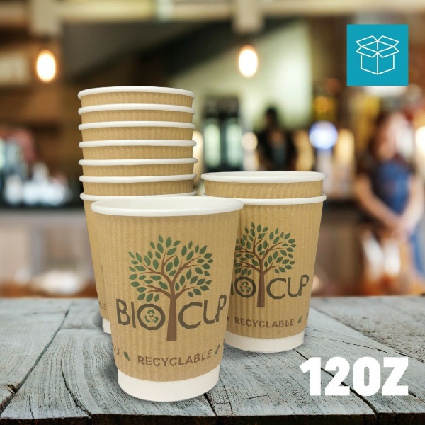 12oz Kraft Ripple Paper Coffee Cup Plastic Free & Compostable Bio Cup 