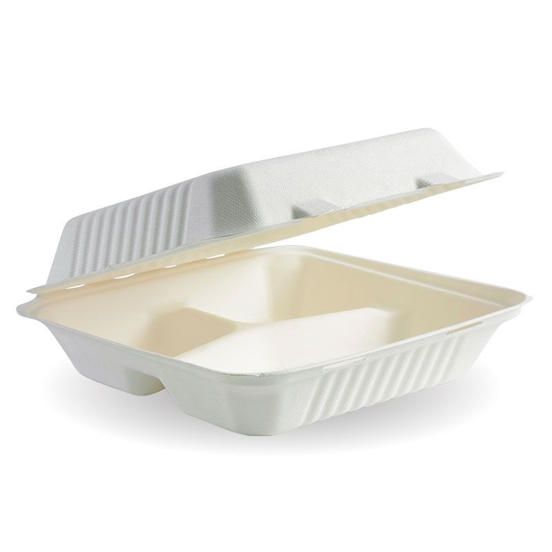 3 Compartment 9x9 inch Bagasse Clamshell Food Box