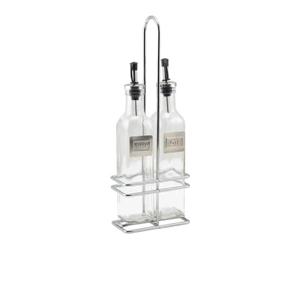 Square Glass Oil & Vinegar With Chrome Stand - Pack of 1 1 Square Glass Oil & Vinegar With Chrome Stand - Pack of 1