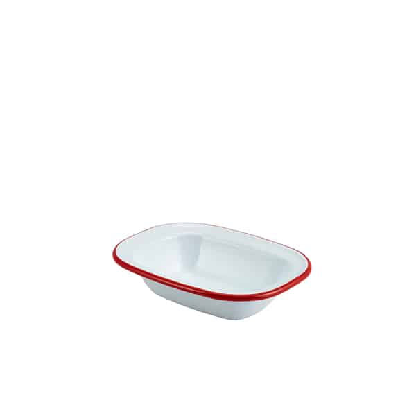 Enamel Rect. Pie Dish White with Red Rim 16cm - Pack of 12