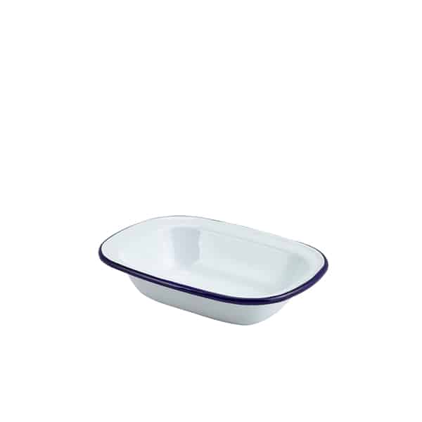 Enamel Rect. Pie Dish White & Blue 18cm - Pack of 12