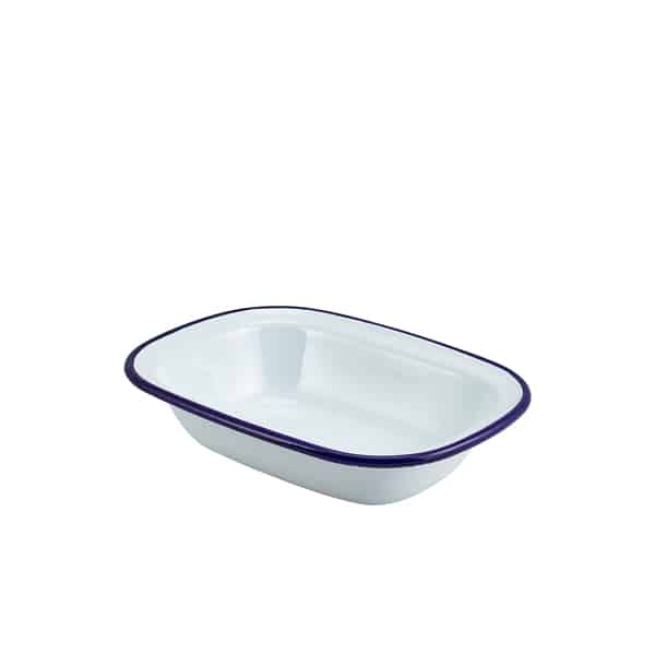 Enamel Rect. Pie Dish White & Blue 20cm - Pack of 12