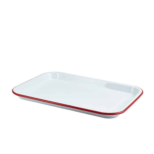 Enamel Serving Tray White with Red Rim 33.5x23.5x2.2cm