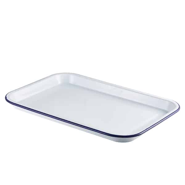Enamel Serving Tray White with Blue Rim 38.2x26.4x2.2cm