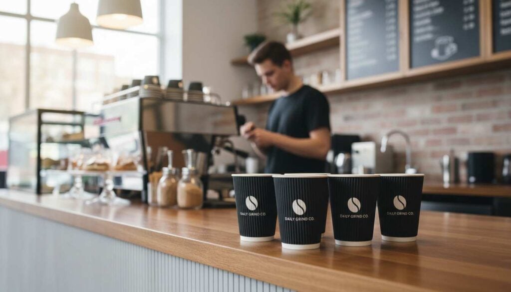 Four black ripple takeaway coffee cups on a wooden café counter with a barista working behind.
