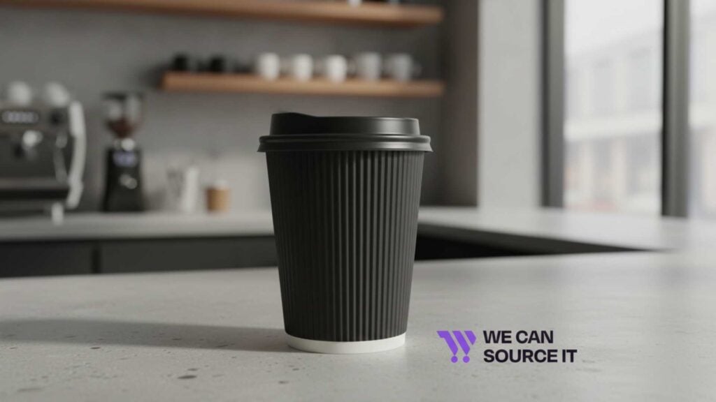 A black ribbed takeaway coffee cup with a black lid on a light countertop