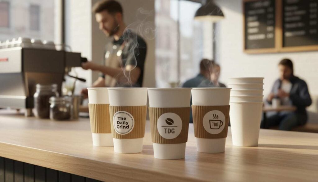 Branded Kraft Sleeve Coffee Cups on Cafe Counter