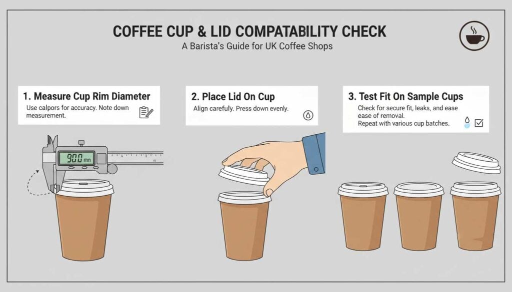 Step-by-step illustration showing how to check coffee cup and lid compatibility in UK coffee shops.