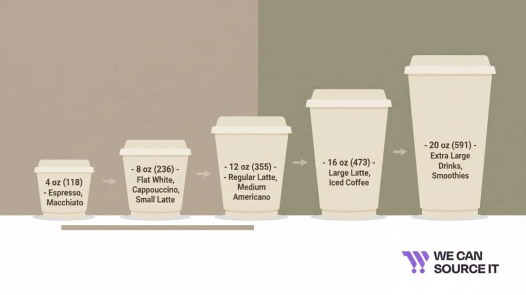 Coffee cup size guide showing 4 oz espresso to 20 oz extra large drinks including latte, cappuccino and iced coffee.