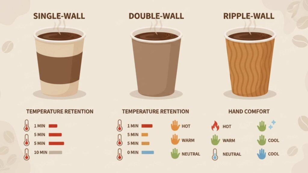 Comparison of single-wall, double-wall, and ripple-wall coffee cups showing temperature retention and hand comfort.