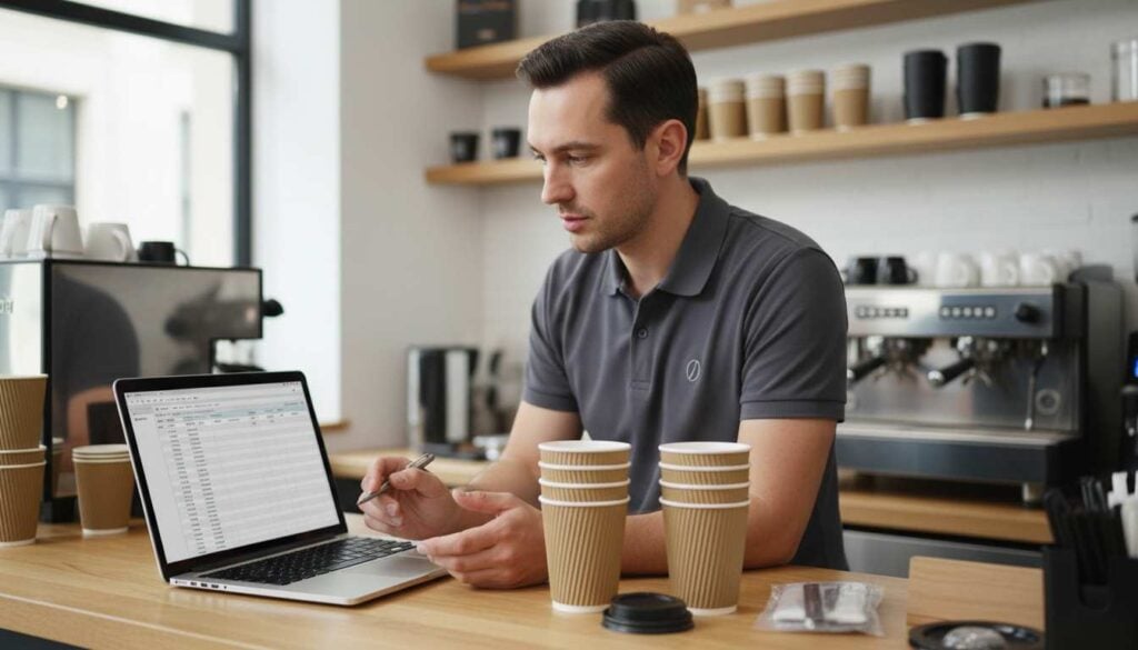 Coffee shop manager checking inventory spreadsheet on laptop with stacked paper cups for stock control and ordering tasks