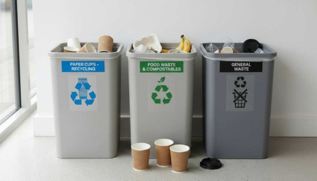 Recycling, compost, and general waste bins showing paper cup disposal and eco-friendly end-of-life options
