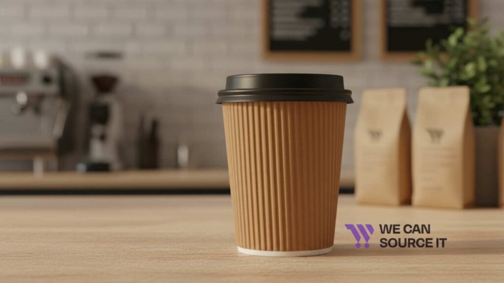 A ribbed brown takeaway coffee cup with a black lid on a wooden counter in a café, with coffee equipment and paper bags blurred in the background