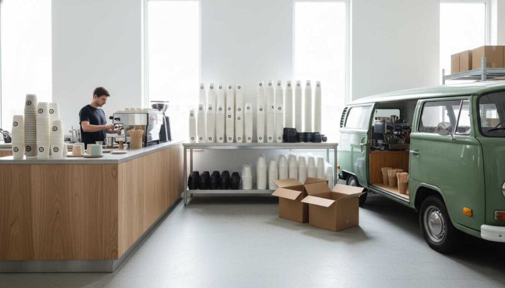 Coffee shop with takeaway cups stacked beside counter and mobile coffee van, showing cup choices for shop style