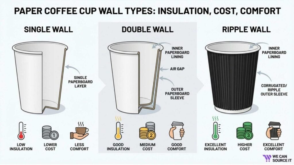 Diagram showing paper coffee cup construction, including rolled rim, interior lining, side seam, paperboard body, and base disc.