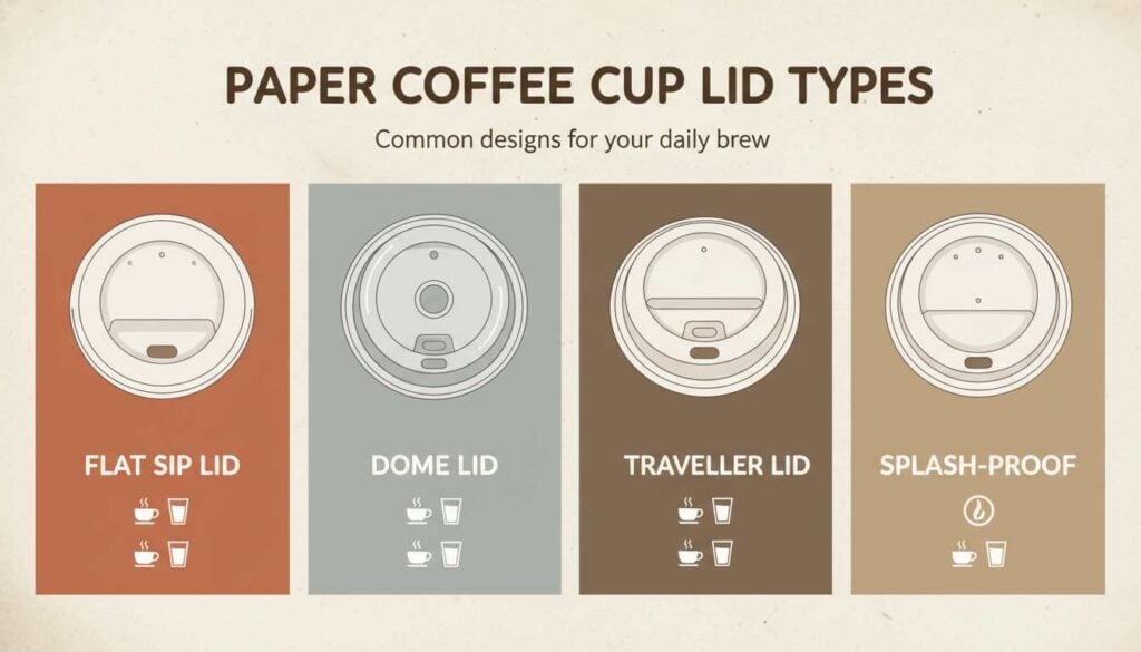 Infographic showing paper coffee cup lid types: flat sip, dome, traveller and splash-proof designs.