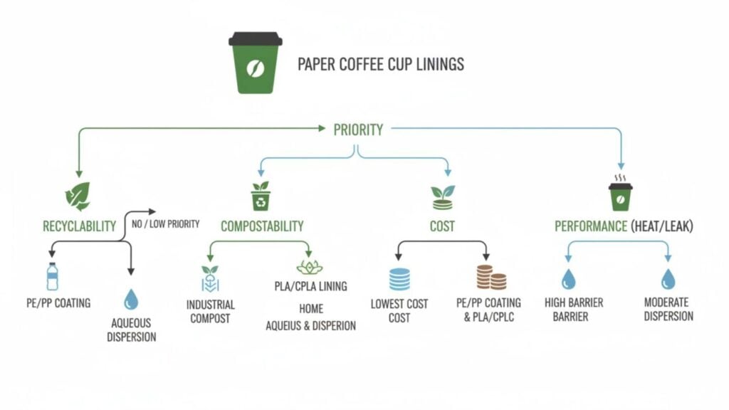 Decision tree showing paper coffee cup linings based on recyclability, compostability, cost and heat performance.