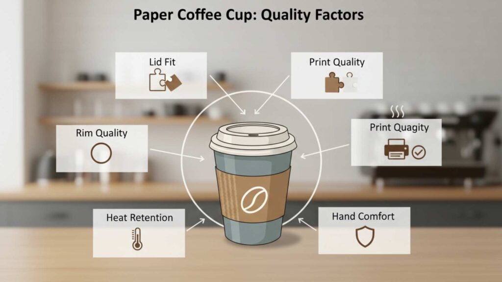 Diagram showing paper coffee cup quality factors: lid fit, rim quality, heat retention, print quality, and hand comfort.