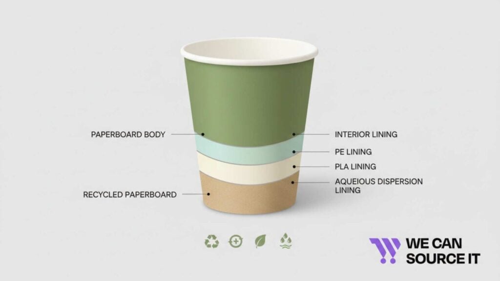 Diagram showing paper coffee cup layers including paperboard body, recycled base and PE, PLA or aqueous linings.