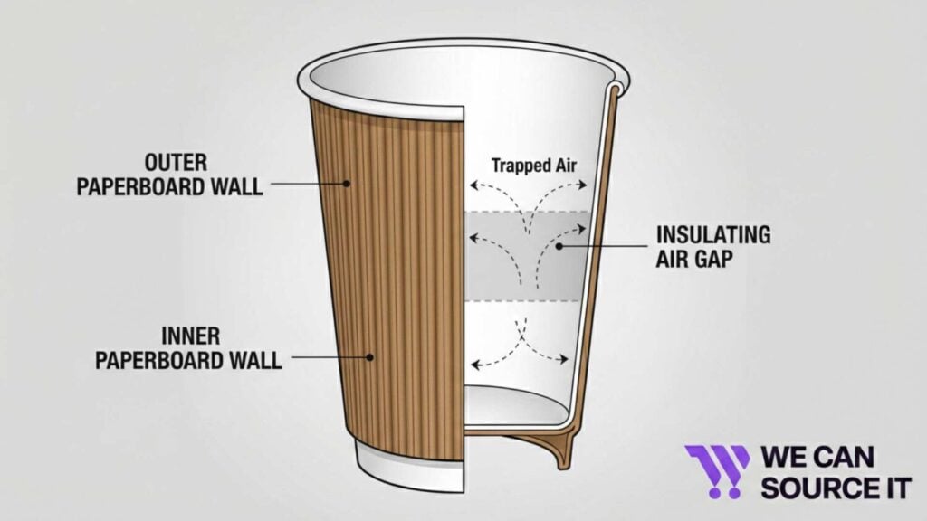 Cutaway diagram of a ripple wall paper coffee cup showing inner and outer paperboard walls with trapped air for heat insulation.