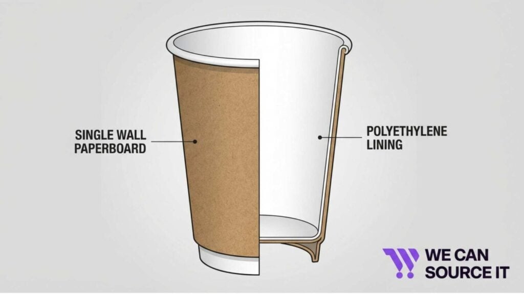 Cutaway diagram of a single wall paper coffee cup showing paperboard body and polyethylene lining.