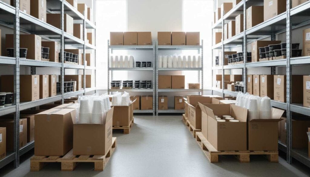 Warehouse shelves stocked with boxed paper cups and packaging supplies arranged for efficient supplier management