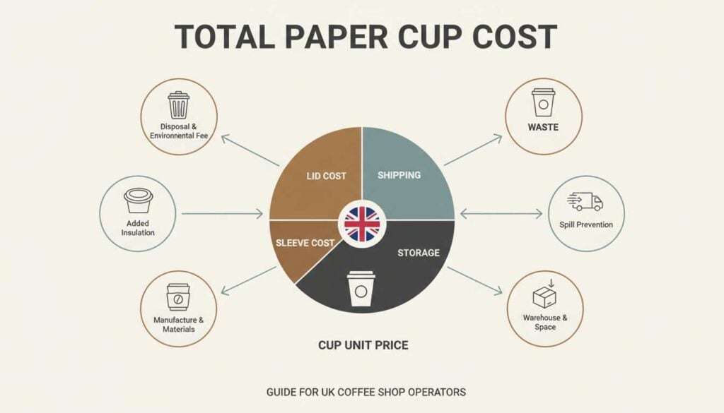 Infographic of total paper cup cost breakdown for UK coffee shops including lids, sleeves, shipping and storage.