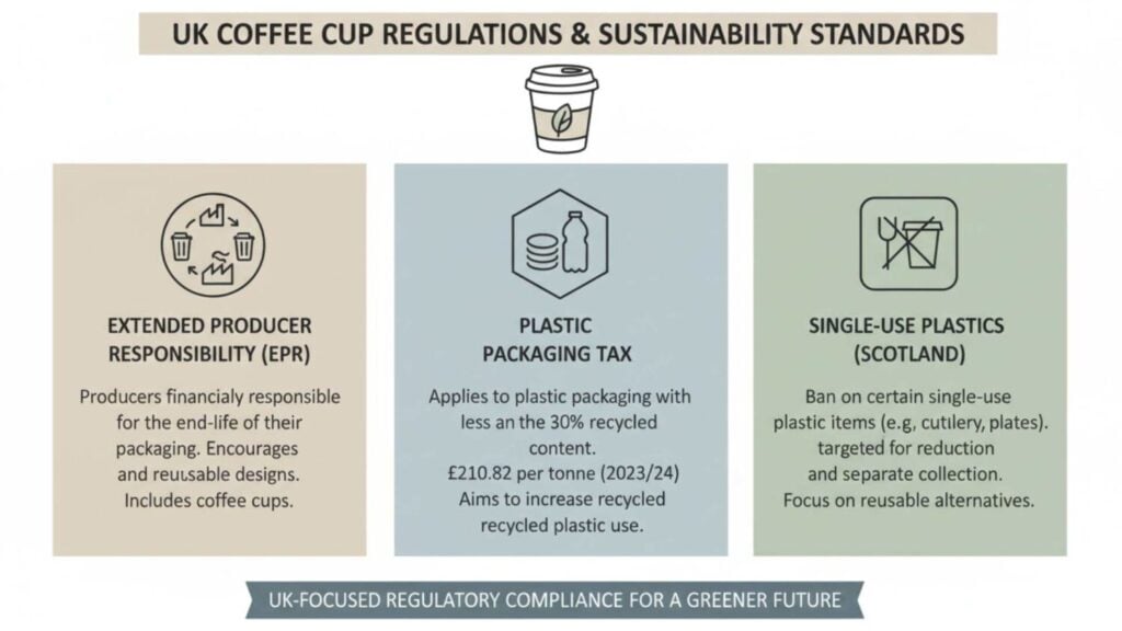 Infographic outlining UK coffee cup regulations including EPR, Plastic Packaging Tax and single-use plastics rules.