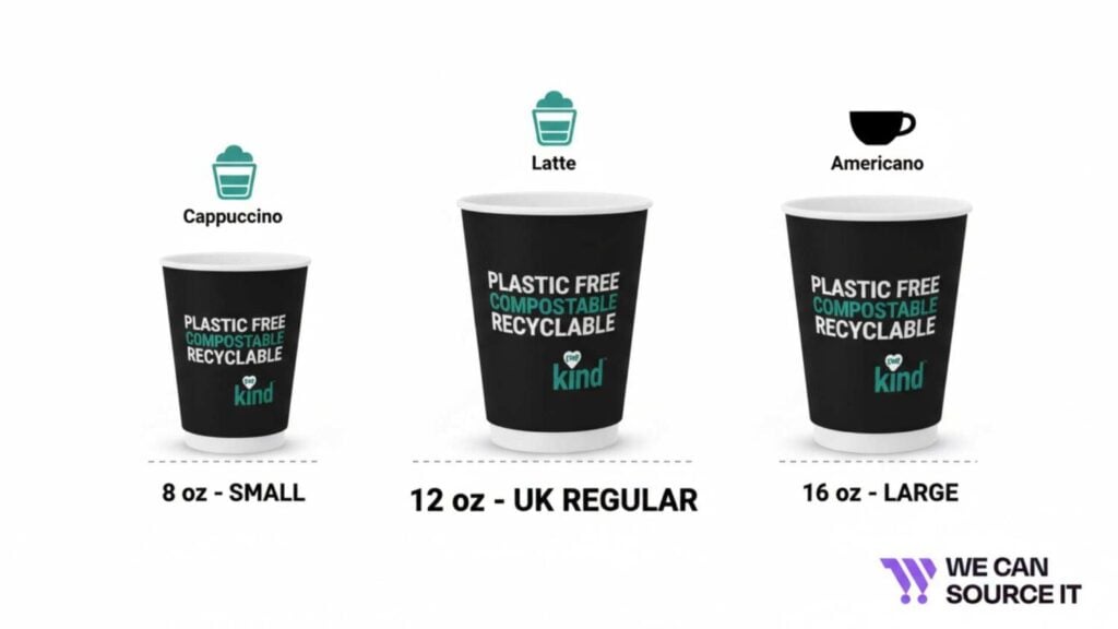 UK coffee cup sizes showing 8oz small, 12oz regular as the most common UK size, and 16oz large cups.