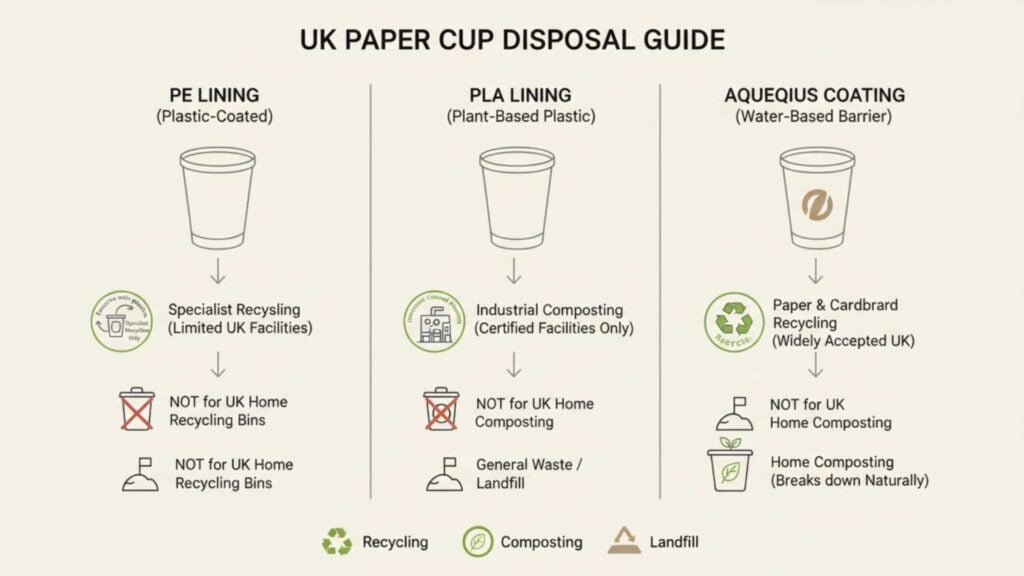UK guide showing how to dispose of PE-lined, PLA-lined, and aqueous-coated paper cups.