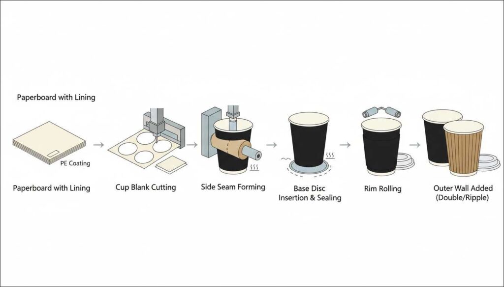Paper Coffee Cup Construction Explained: Body, Lining, Seam, Base, and Rim 1 Step-by-step infographic showing how paper coffee cups are made from lined paperboard to seam sealing, base sealing, and rim rolling
