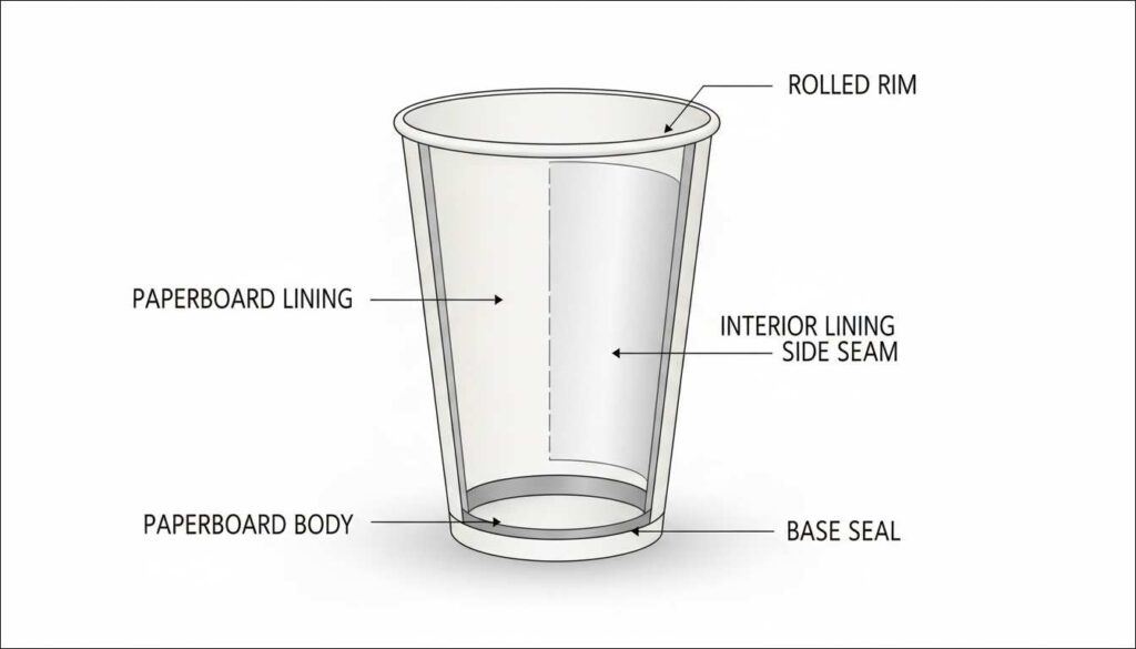 Paper Coffee Cup Construction Explained: Body, Lining, Seam, Base, and Rim 2 Annotated paper cup anatomy showing paperboard body, interior lining, side seam, base seal, and rolled rim