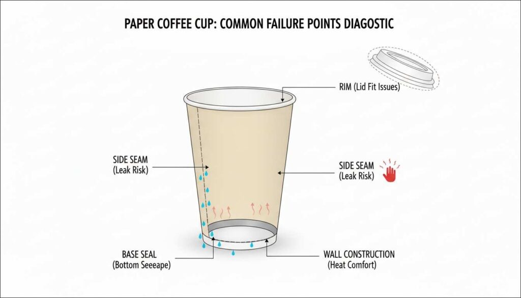 Paper Coffee Cup Construction Explained: Body, Lining, Seam, Base, and Rim 4 Illustration highlighting common paper coffee cup failure points including rim quality, side seam leaks, and base seal seepage