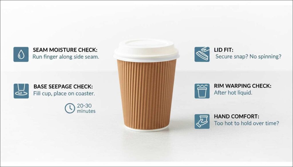 Paper Coffee Cup Construction Explained: Body, Lining, Seam, Base, and Rim 5 Practical hot-fill test checklist for paper coffee cups showing seam, base, rim, lid fit, and hand comfort checks