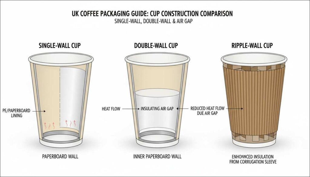 Paper Coffee Cup Construction Explained: Body, Lining, Seam, Base, and Rim 3 Comparison illustration of single wall, double wall, and ripple wall paper coffee cup construction showing insulation layers and outer texture differences