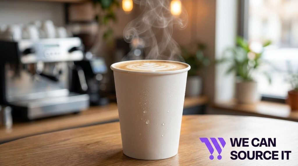 Hot latte in single wall paper cup without sleeve