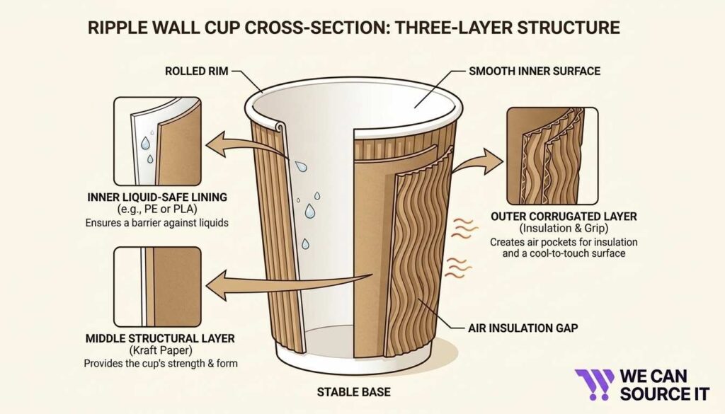 Cross-sectional view of a ripple wall cup showing its inner liquid lining, structural layer, and outer ripple layer for better insulation.