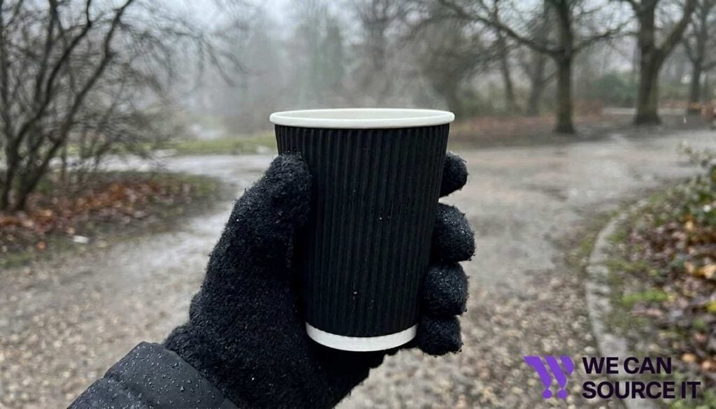 Person holding a ripple wall cup outdoors in the UK, showing its insulation and comfortable grip during cold weather.