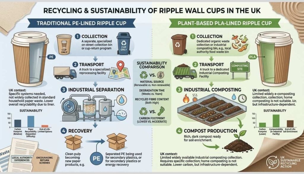 Infographic showing the recycling process and sustainability options for ripple wall cups with PE and PLA linings in the UK.