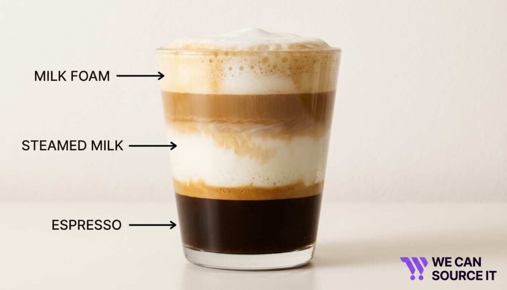 Visual showing espresso milk and foam layers in a typical 12 oz latte