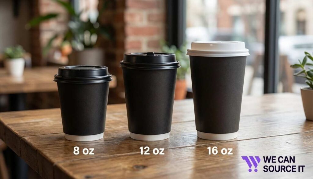 Comparison of 8 oz, 12 oz and 16 oz takeaway paper coffee cups used in coffee shops